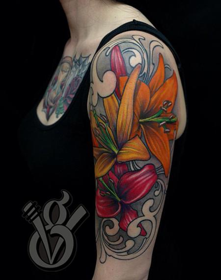 Jon von Glahn - lily lilies flower women female color arm halfsleeve tattoo